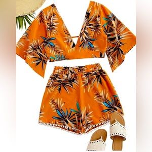 Floral Palm 2 Piece Crop Top with Shorts Set
